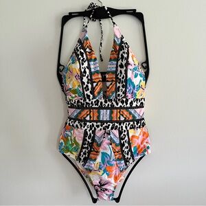NWT Nanette Lepore Leopard Floral Copa Cubana Plunge One Piece Swimsuit Small
